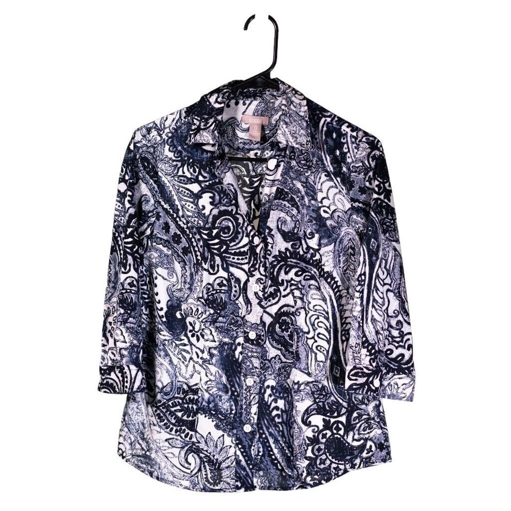 Chico's Women's Shirt Button Up Blue White Paisley 3/4 Sleeve Blouse Top 0 S/4